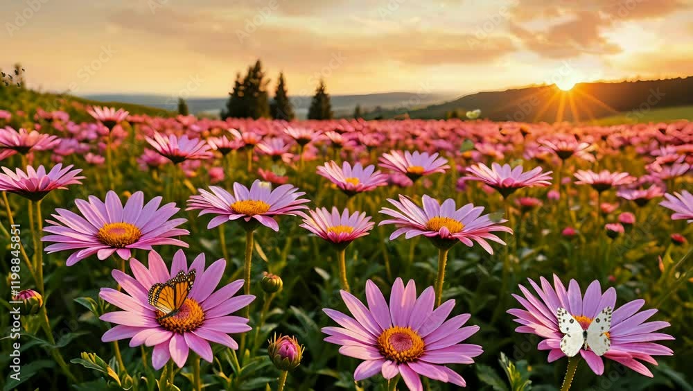 Colorful field of blooming daisies at sunset with butterflies seamless looping 4k time-lapse animation video background Colorful field of blooming daisies at sunset with butterflies seamless looping 4k time-lapse animation video background