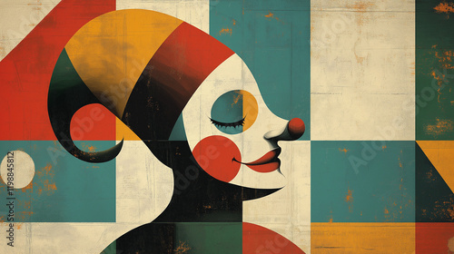 Abstract side profile of a jester with geometric design