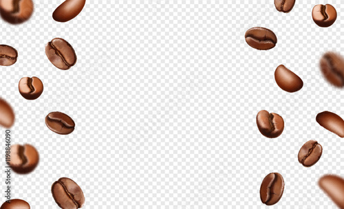 Falling realistic coffee beans vector. Brown roasted coffee grains flying background
