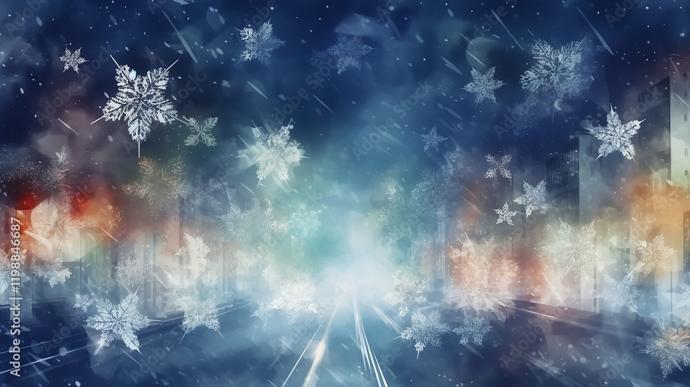 winter, snowfall, blurred urban background, snowflake illustration in street traffic, abstract festive backdrop winter, snowfall, blurred urban background, snowflake illustration in street traffic, abstract festive backdrop