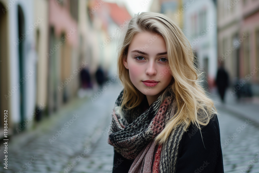 Timeless Travel Scene Featuring a Trendy Young Woman Posing Elegantly on a Cobblestone Street with Historic Backdrop. Timeless Travel Scene Featuring a Trendy Young Woman Posing Elegantly on a Cobblestone Street with Historic Backdrop.