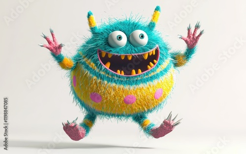 A teal-and-yellow striped 3D monster with a large fluffy belly, a navel, and pink polka dots, joyfully jumping on a white background