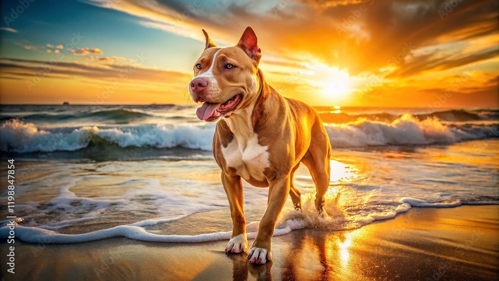 Happy American Pit Bull Terrier Dog Playing on Sandy Beach at Sunset Happy American Pit Bull Terrier Dog Playing on Sandy Beach at Sunset