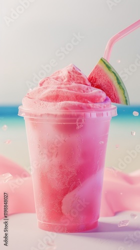 Refreshing Watermelon Coconut Milk Tea on a Sunny Beach photo