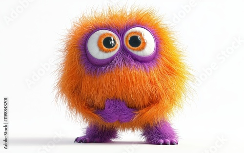 Adorable orange and purple fluffy monster with giant eyes, standing on a stark white background