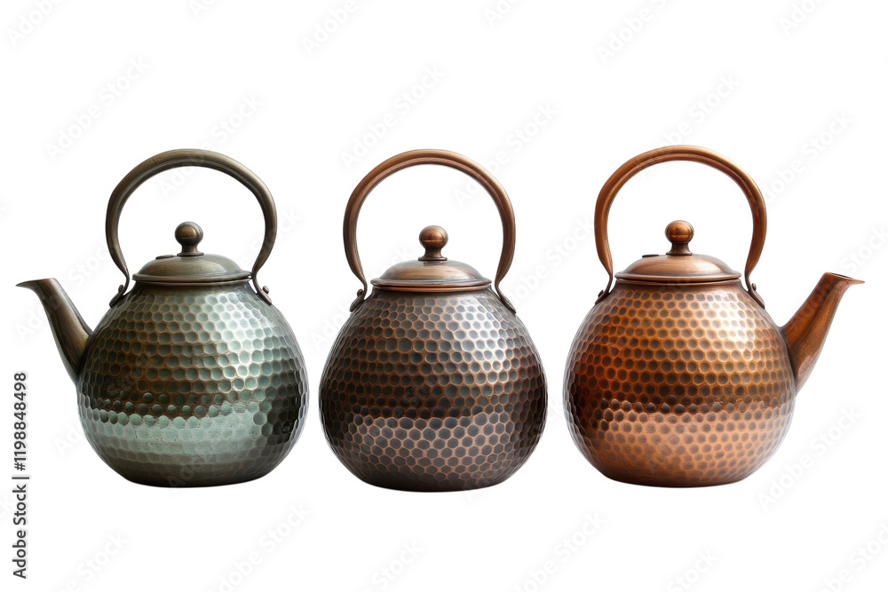 Unique handcrafted teapots in three distinct metallic finishes arranged aesthetically Unique handcrafted teapots in three distinct metallic finishes arranged aesthetically