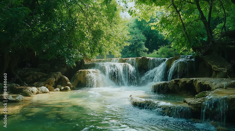 Obraz premium A serene landscape featuring a natural spring with crystal-clear water flowing over smooth rocks, surrounded by a lush green forest