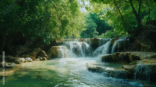 A serene landscape featuring a natural spring with crystal-clear water flowing over smooth rocks, surrounded by a lush green forest