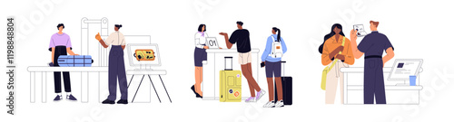 Customs safety set. Guards of baggage and passport control inspect crossing border tourists. Travelling passengers are at check in counter, registration. Flat isolated vector illustrations on white