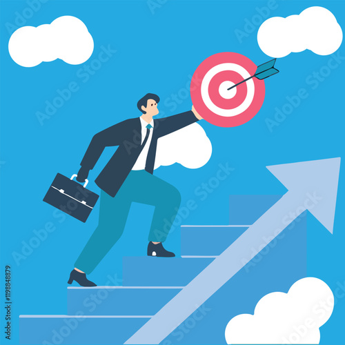 Step or progress to success and reach goal target, leadership to improve personal development, Success step to reach business goal, growing journey or aiming to reach target