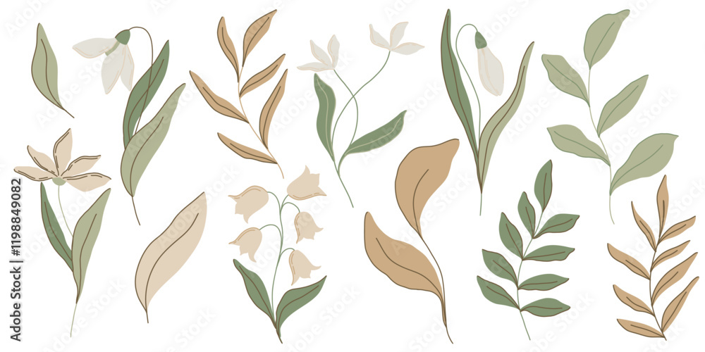 Elegant botanical flat illustration with soft green leaves and pastel pink flowers, lilies of the valley and snowdrops. Minimalist design with a muted color palette, perfect for spring decor Elegant botanical flat illustration with soft green leaves and pastel pink flowers, lilies of the valley and snowdrops. Minimalist design with a muted color palette, perfect for spring decor