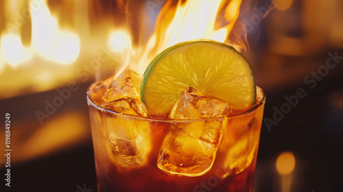 A fiery Mai Tai with a floating lime shell soaked in rum and ignited for a dramatic presentation. photo