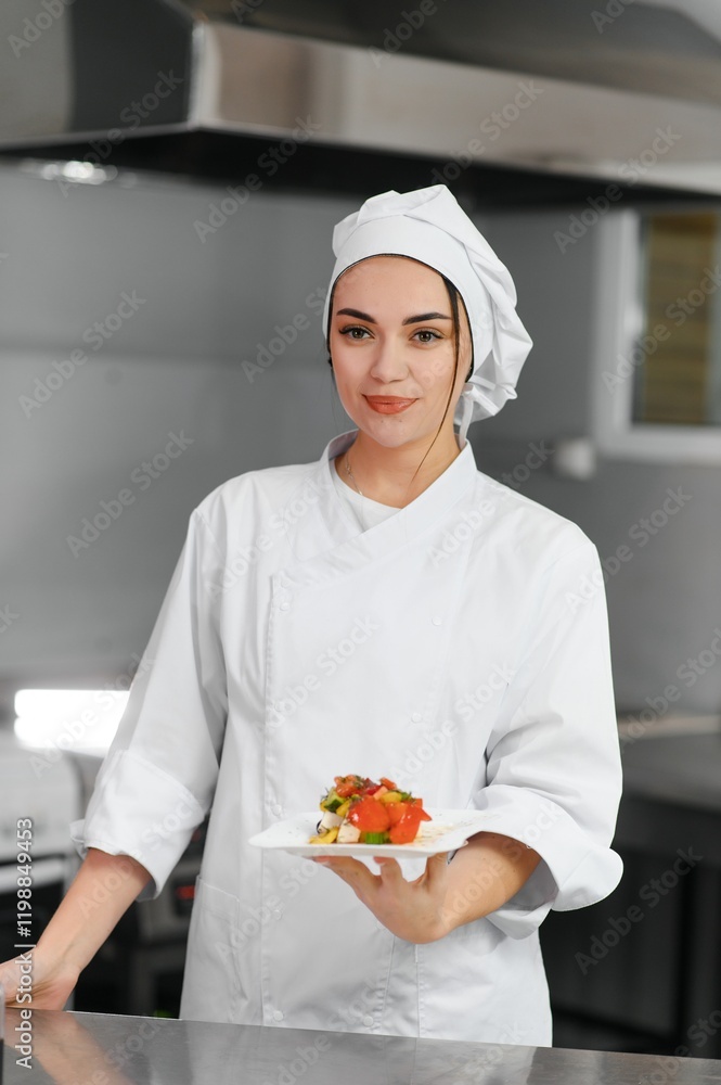 young beautiful smiling woman chef wearing in white suit at kitchen. Blurred background young beautiful smiling woman chef wearing in white suit at kitchen. Blurred background
