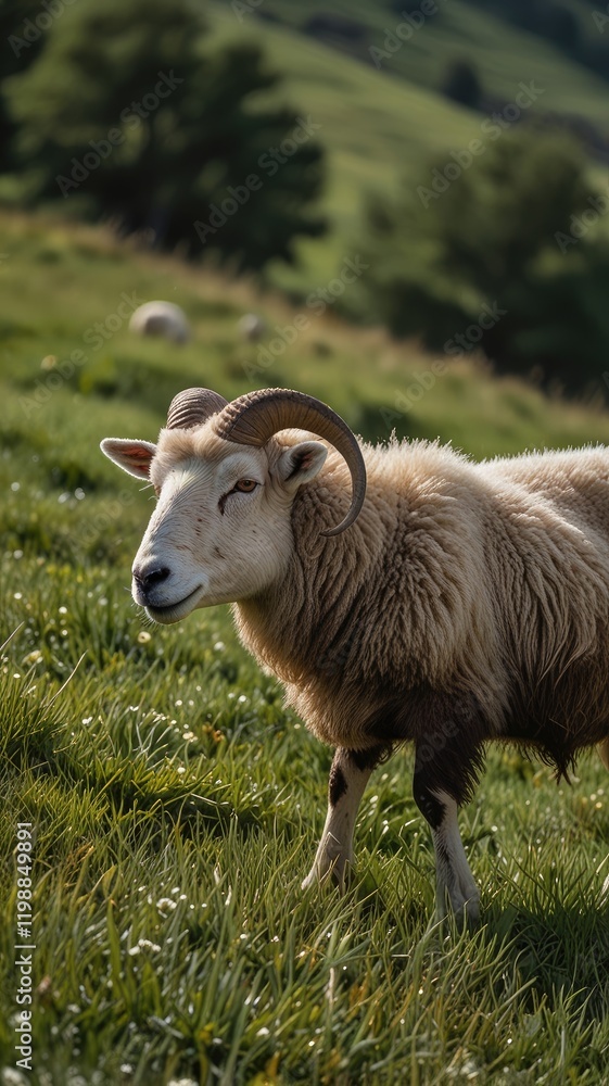 Obraz premium sheep wildlife,Wild Sheep Grazing Peacefully on a Rolling Green Hillside