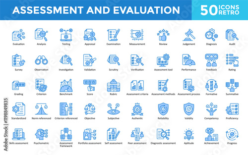 Assessment and Evaluation icon set with evaluation, analysis, testing, appraisal, examination, measurement, review, judgement, diagnosis, audit. Simple retro vector 
