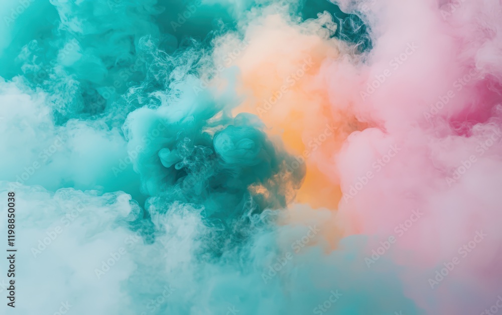 Obraz premium Colorful neon smoke clouds in pink, teal, and yellow, blending into artistic patterns on a white backdrop