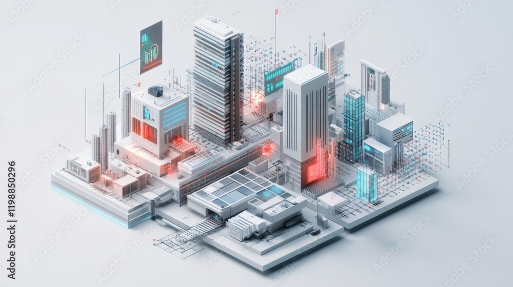 Isometric Futuristic City with Glowing Network Connections Isometric Futuristic City with Glowing Network Connections