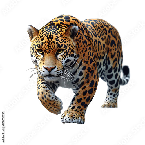 A realistic illustration of a jaguar in motion, showcasing its striking coat and powerful physique. photo