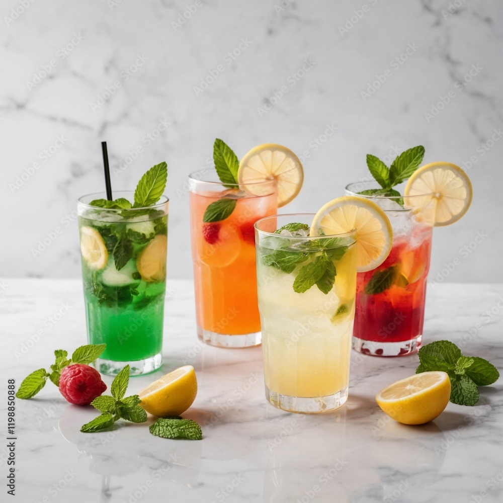 Three glasses of refreshing summer drinks with lemon slices, mint leaves, and other fruit garnishes on a marble surface Three glasses of refreshing summer drinks with lemon slices, mint leaves, and other fruit garnishes on a marble surface