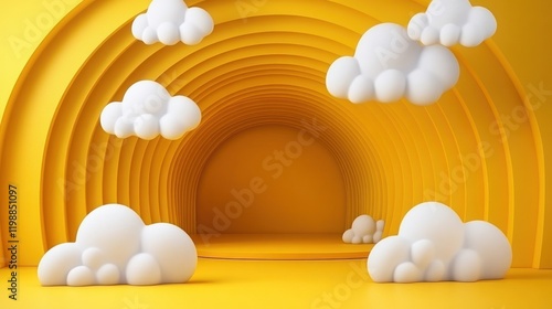 A vibrant yellow arched tunnel-like interior decorated with cartoon clouds