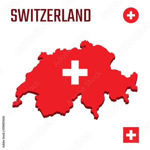 3D Switzerland map with flag, Three dimensional map of Switzerland with shadow
