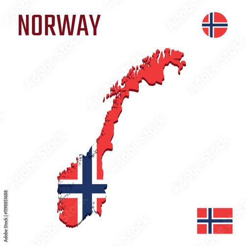 3D Norway map with flag, Three dimensional map of Norway with shadow
