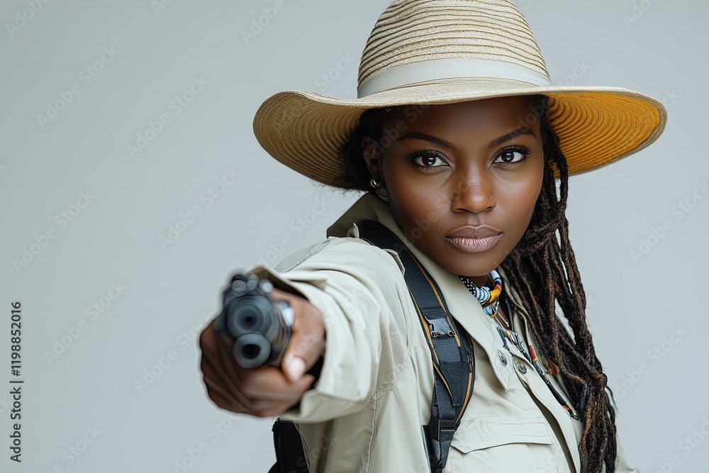 A confident woman in a hat points a gun, conveying strength and determination. A confident woman in a hat points a gun, conveying strength and determination.
