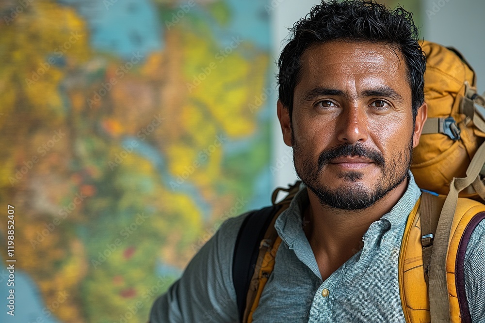 A man with a backpack stands confidently in front of a colorful map, ready for adventure. A man with a backpack stands confidently in front of a colorful map, ready for adventure.