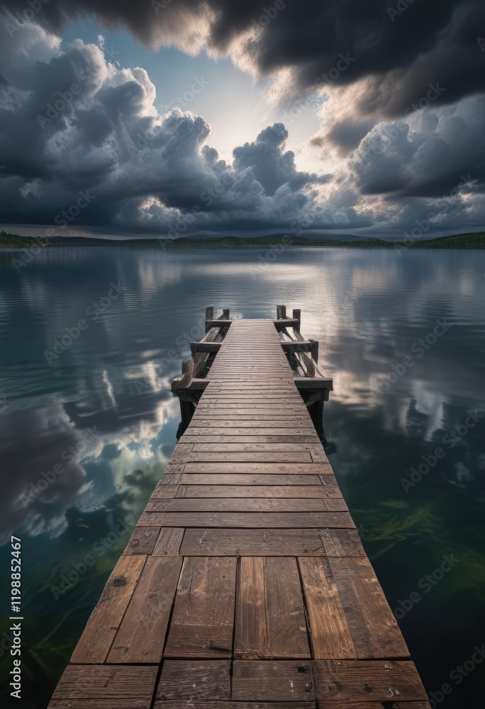 Naklejka premium A long wooden dock stretches out into a serene lake with dark clouds hovering above it, creating a sense of mystery, mysterious, dark clouds