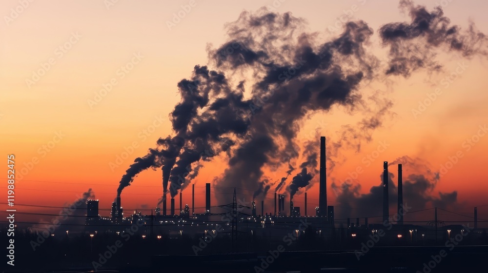 Dramatic Sunset Over Industrial Plant Emissions with Warm Lighting Dramatic Sunset Over Industrial Plant Emissions with Warm Lighting