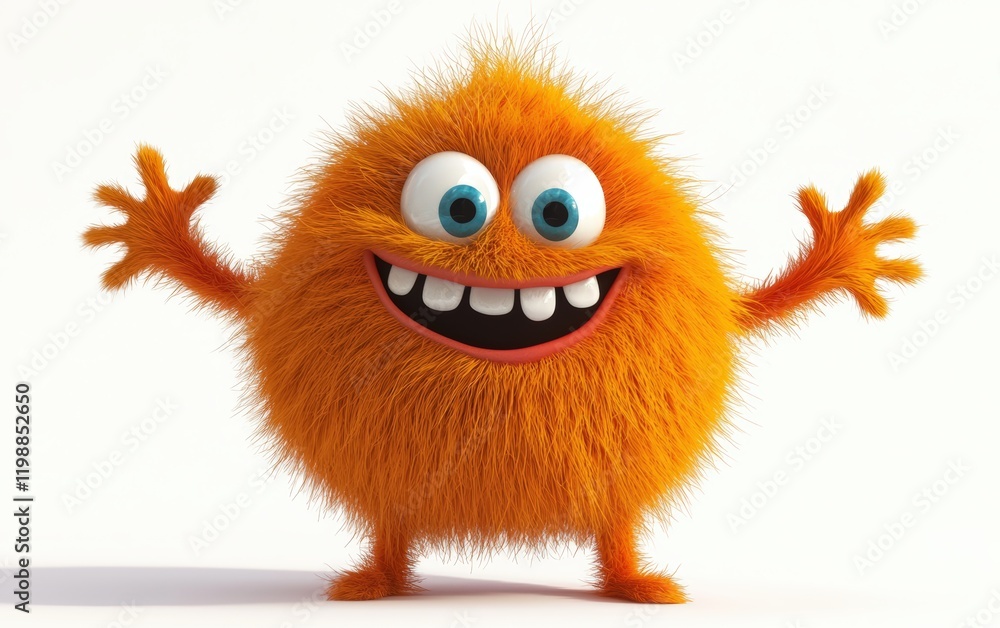 Cute furry orange monster, 3D cartoon character, with a round body and floppy arms, isolated on white background Cute furry orange monster, 3D cartoon character, with a round body and floppy arms, isolated on white background