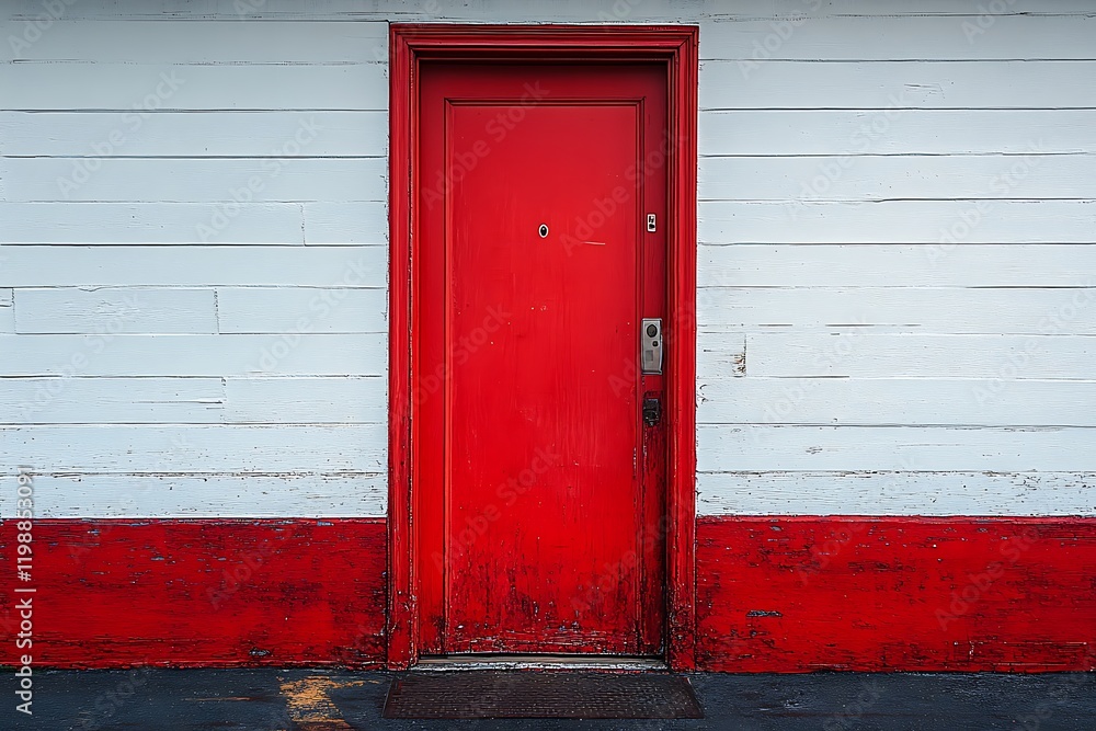 Red Exit Door in a Weathered Garage Wall Red Exit Door in a Weathered Garage Wall