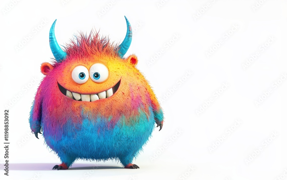 Fototapeta premium Friendly colorful monster with small horns and a big smile, isolated on a white surface