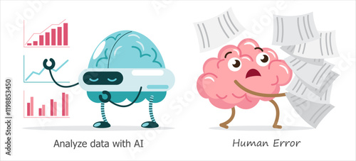 AI brain vs human brain in data analysis . Cartoon character . Vector .