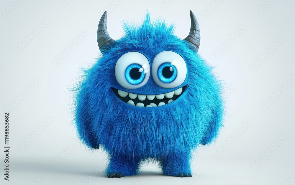 funny Fluffy bright monster with horns and big blue eyes, cartoon charachter standing on a bright white background funny Fluffy bright monster with horns and big blue eyes, cartoon charachter standing on a bright white background