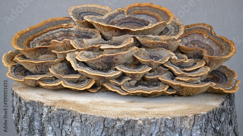 A Stunning Display of  Turkey Tail Mushrooms on a Tree Stump photo