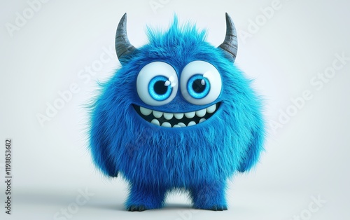 funny Fluffy bright monster with horns and big blue eyes, cartoon charachter standing on a bright white background