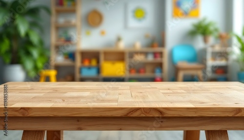 A classroom environment featuring a table with wooden chairs and toys, perfect for mockup presentations focused on preschool and kindergarten