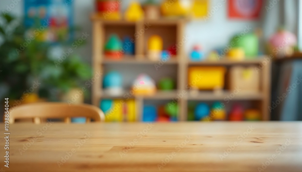 Empty table in a classroom surrounded by wooden chairs and toys, representing a preschool and kindergarten mockup concept Empty table in a classroom surrounded by wooden chairs and toys, representing a preschool and kindergarten mockup concept