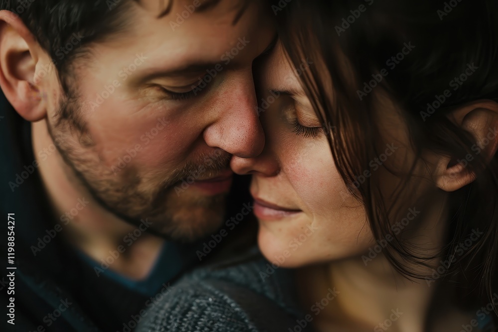 Close-up portrait of loving couple with soft expressions under warm lighting Close-up portrait of loving couple with soft expressions under warm lighting