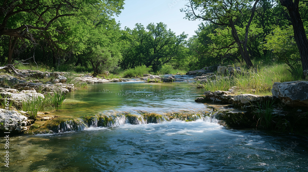 A serene landscape with a natural spring, crystal-clear water flowing over smooth rocks, surrounded by a lush green forest, creating a peaceful and tranquil environment. A serene landscape with a natural spring, crystal-clear water flowing over smooth rocks, surrounded by a lush green forest, creating a peaceful and tranquil environment.