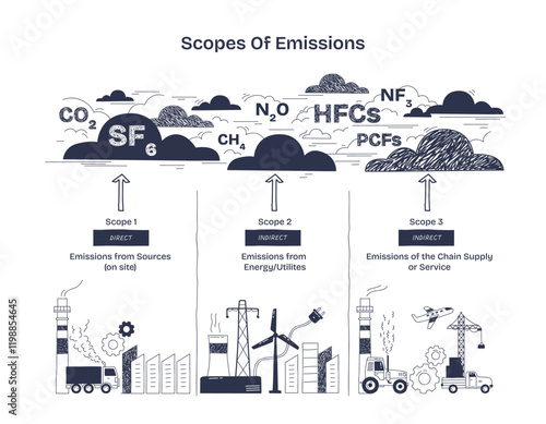 Scopes of Emissions diagram shows direct and indirect emissions with factories, wind turbines, and vehicles. Diagram