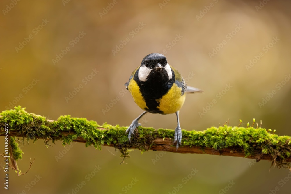 Great Tit on Mossy Branch: A Stunning Close-up Great Tit on Mossy Branch: A Stunning Close-up