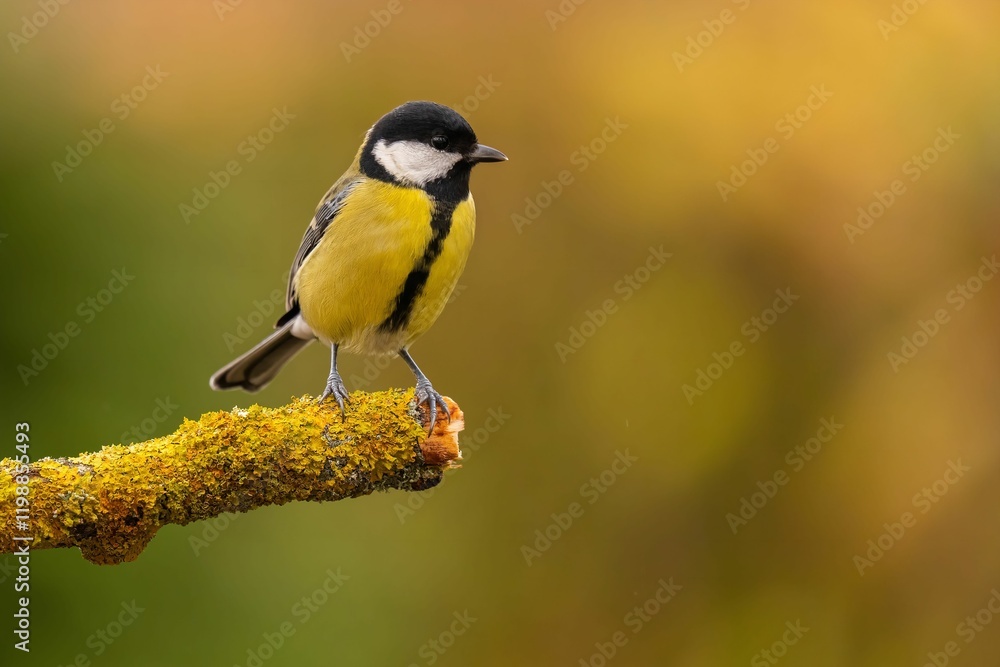 Great Tit perched on a lichen-covered branch in an autumnal setting Great Tit perched on a lichen-covered branch in an autumnal setting