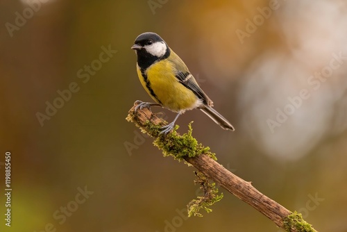 Great Tit perched on mossy branch, autumnal backdrop