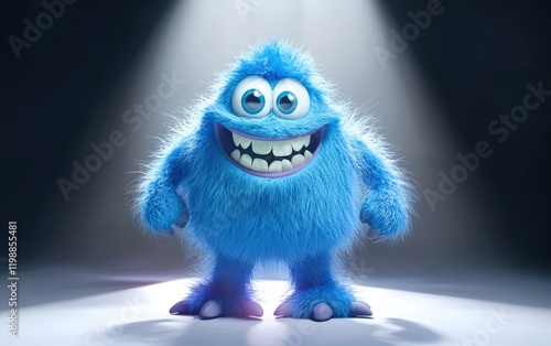 Fluffy blue monster with goofy teeth and big feet, 3D cartoon character, standing under a soft spotlight on white
