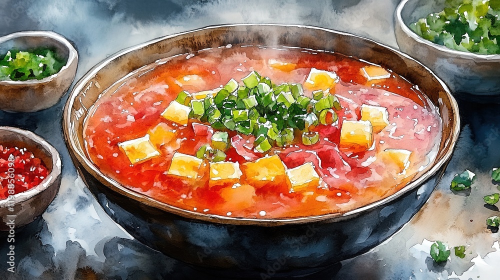 A steaming bowl of vibrant soup topped with green onions and colorful ingredients. A steaming bowl of vibrant soup topped with green onions and colorful ingredients.
