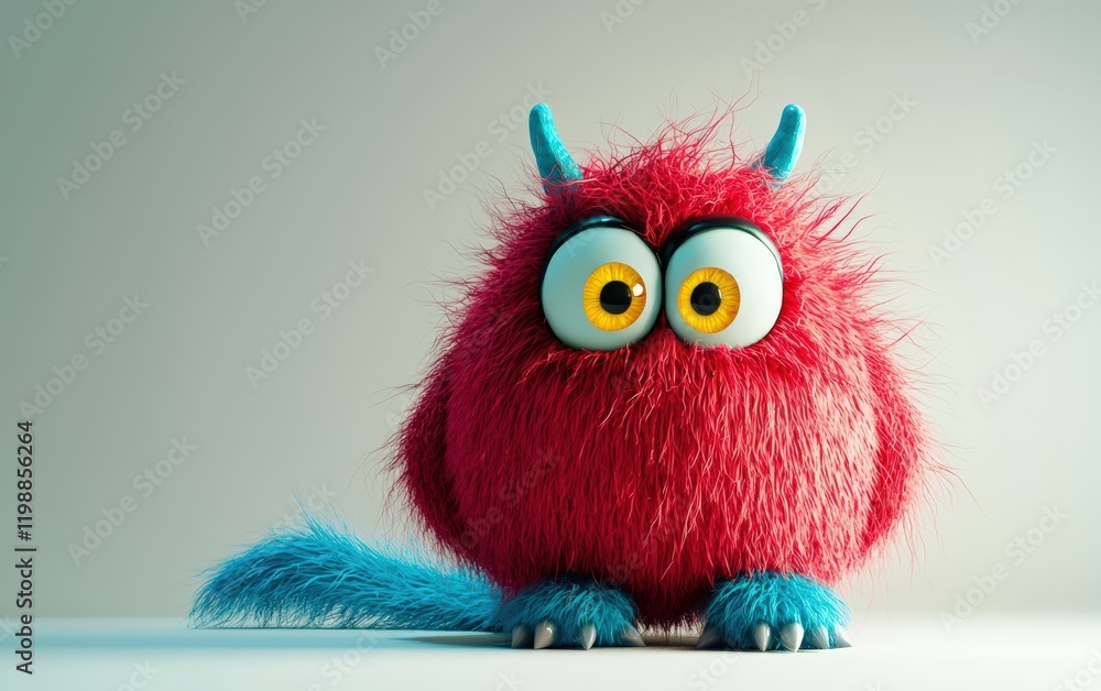 Fototapeta premium Fluffy monster with a vibrant red body, blue tail, and oversized yellow eyes, isolated on a bright white surface