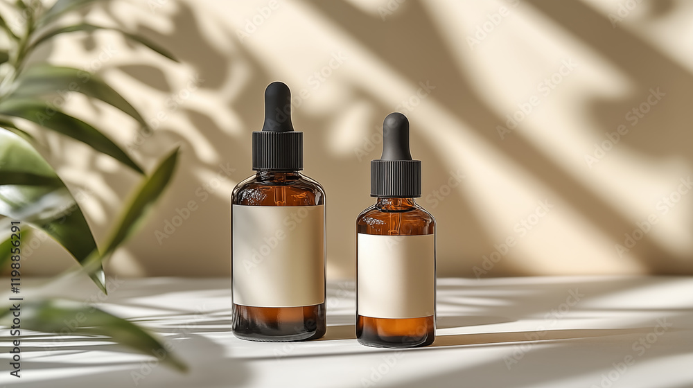 Mockup of two brown glass dropper bottles with blank label on white table. 3d rendering Mockup of two brown glass dropper bottles with blank label on white table. 3d rendering