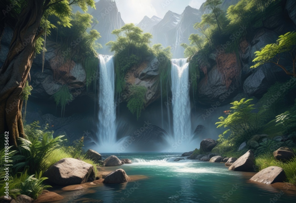 Fototapeta premium A peaceful and serene waterfall nestled in the heart of a lush forest with towering mountain peaks, trees, nature, landscape